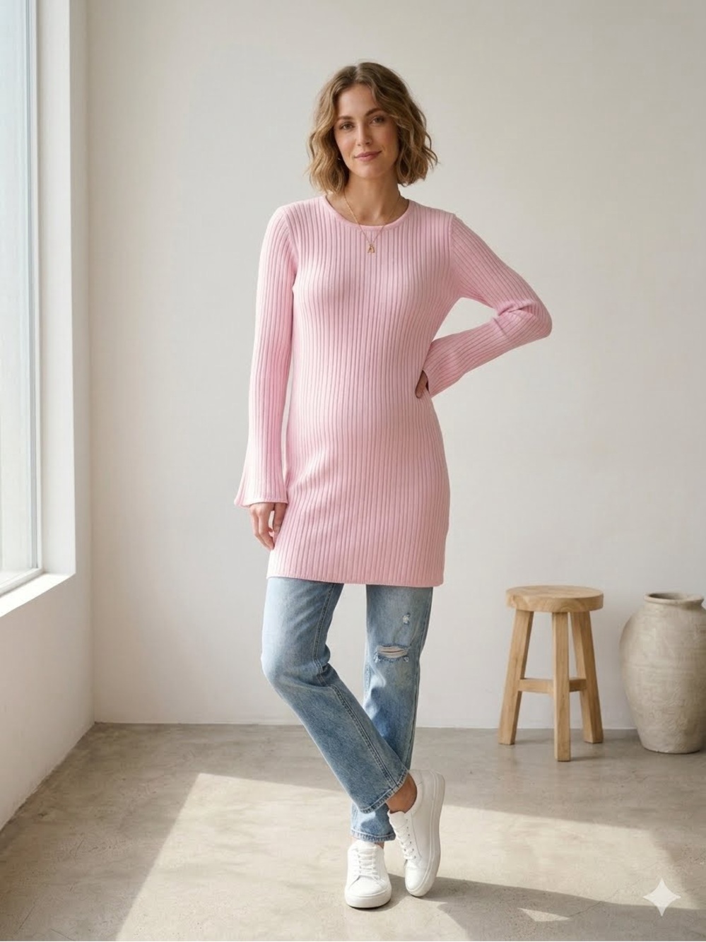 NWT Legoe Heritage Pink Ribbed Knit Maternity Mini Dress Bell Sleeve Size 8